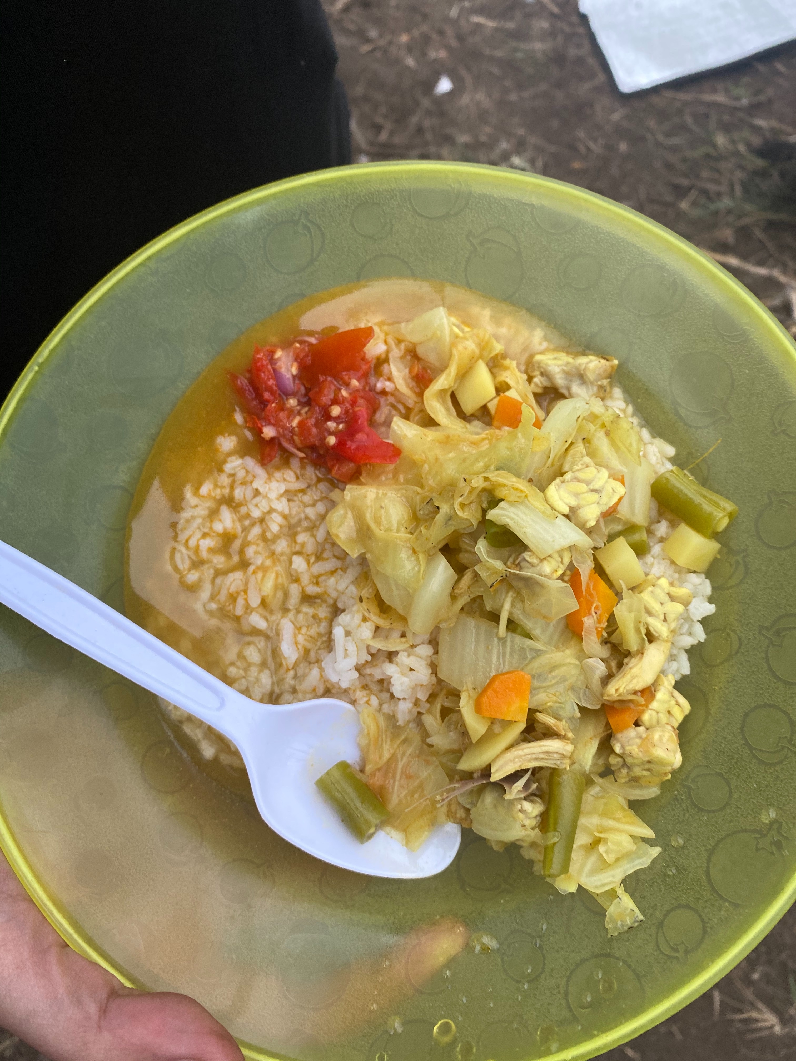 Rinjani 62/64: Nasi, sayur sop dan ayam ditambah sambal yang tadi. Top!