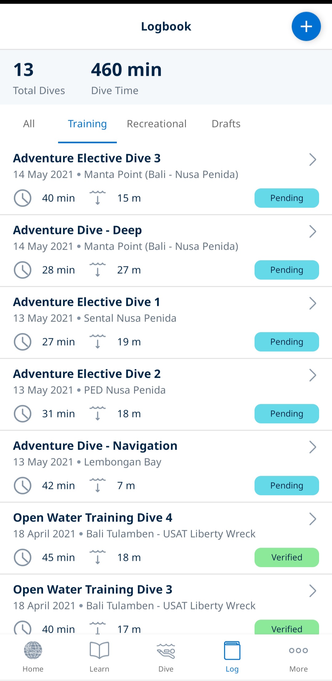 Setiap kali diving, para diver harus mengisi logbook dari kegiatan diving yang dilakukan. Pada level sertifikasi tertentu, mensyaratkan diver harus memenuhi sejumlah diving sebelum diperbolehkan mengambil course dan sertifikasi
